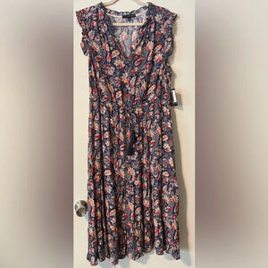 Sangria Blue Floral Print Sleeveless Tiered Midi Length Dress NWT Size XL